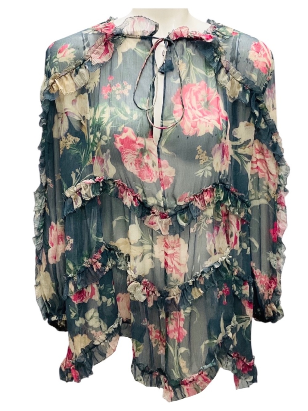ZIMMERMANN MULTICOLOR FLORAL PRINTED SHEER SILK CHIFFON TOP